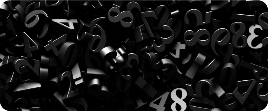 Scattered three-dimensional numbers on a dark background