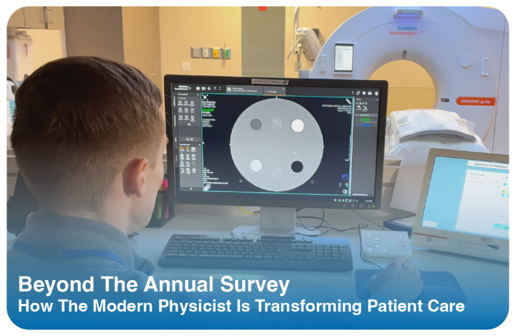 Medical physicist reviewing CT phantom images at a scanner console